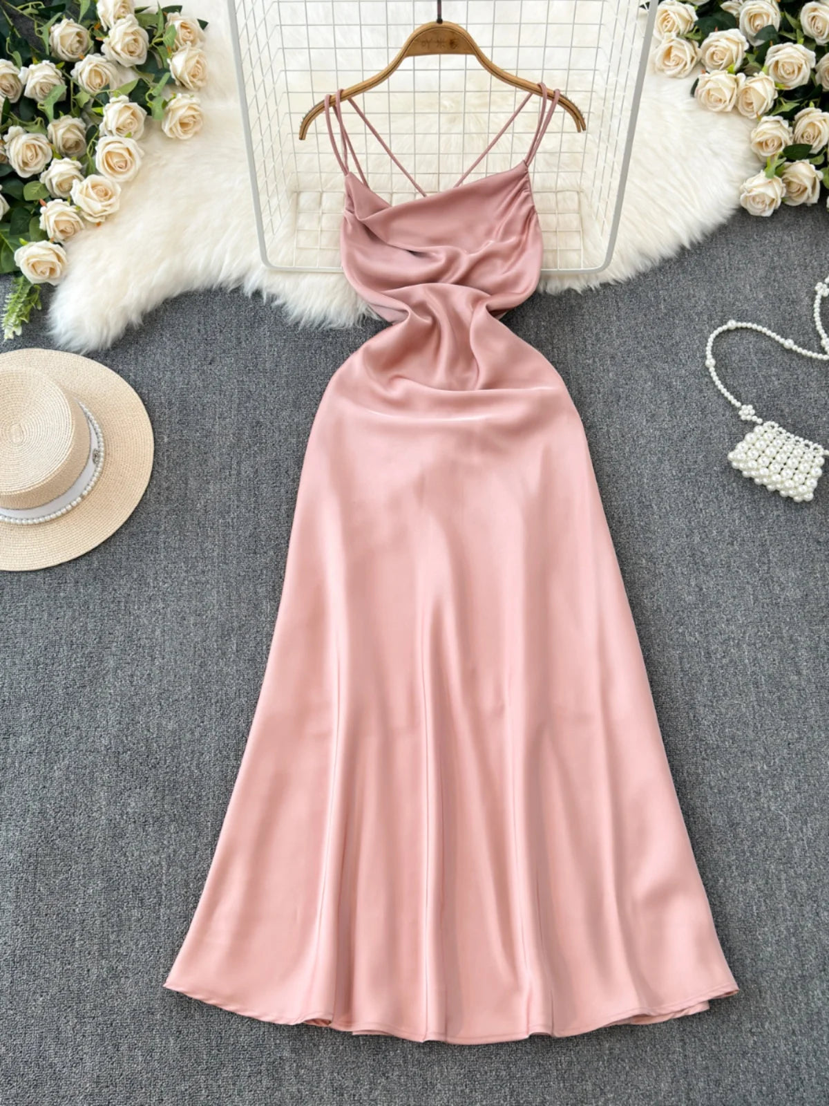 Elegant Satin Spaghetti Strap Evening Gown In Blush on Luulla