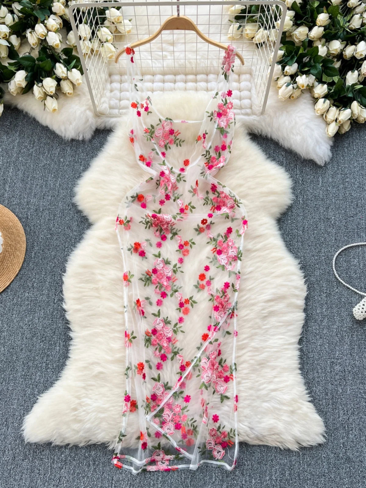 sheer embroidered floral dress For Love & Lemons Luna Embroidered Bouquet Floral Maxi Dress S