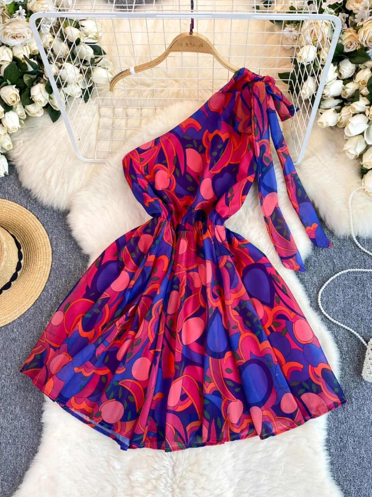 One-Shoulder Colorful Abstract Print Summer Dress