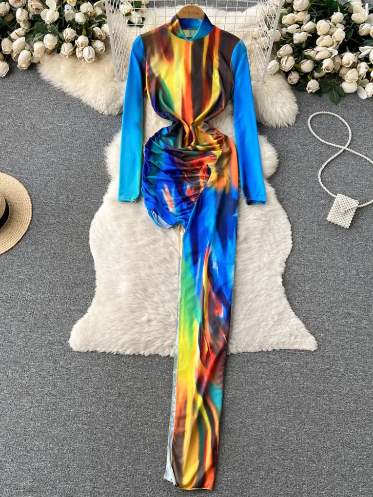 Womens Long Sleeve Abstract Print Jumpsuit With Twist Detail