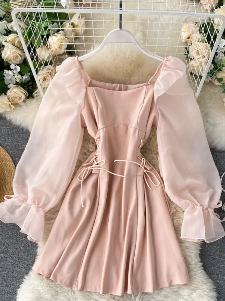 Sweetheart Neckline Puff Sleeve Skater Dress In Pink