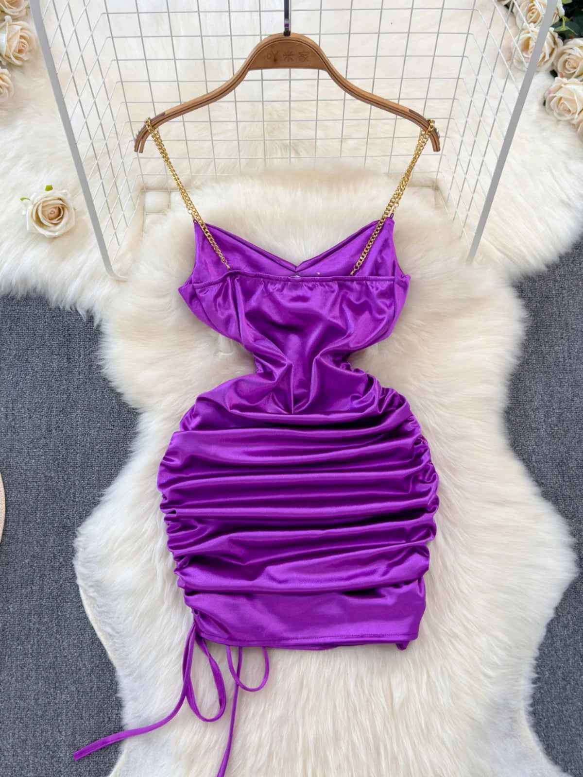 satin chain strap mini dress Feather Trim Chain Strap Mini Dress