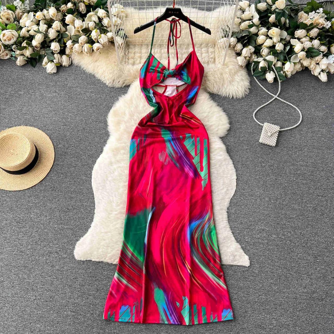 Vibrant Abstract Print Halter Neck Maxi Dress