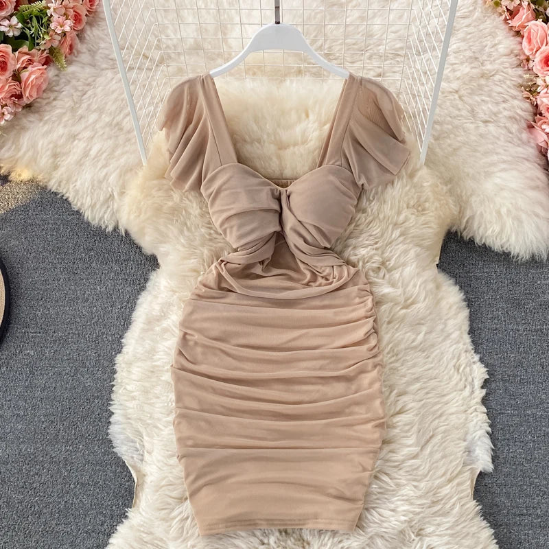 Elegant Puff Sleeve Knot Front Bodycon Mini Dress