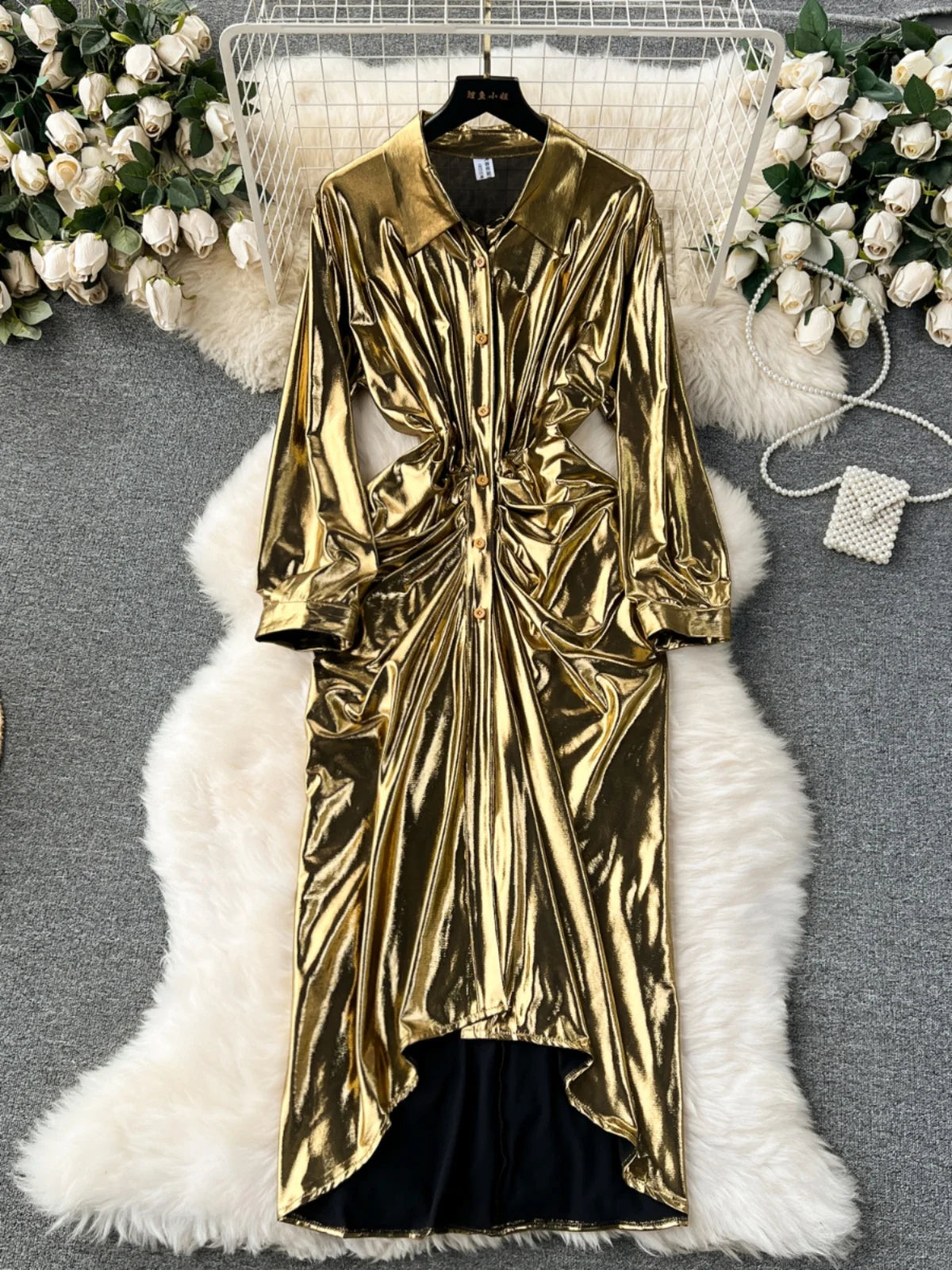 Luxurious Gold-tone Buttoned Satin Shirt Dress For Women