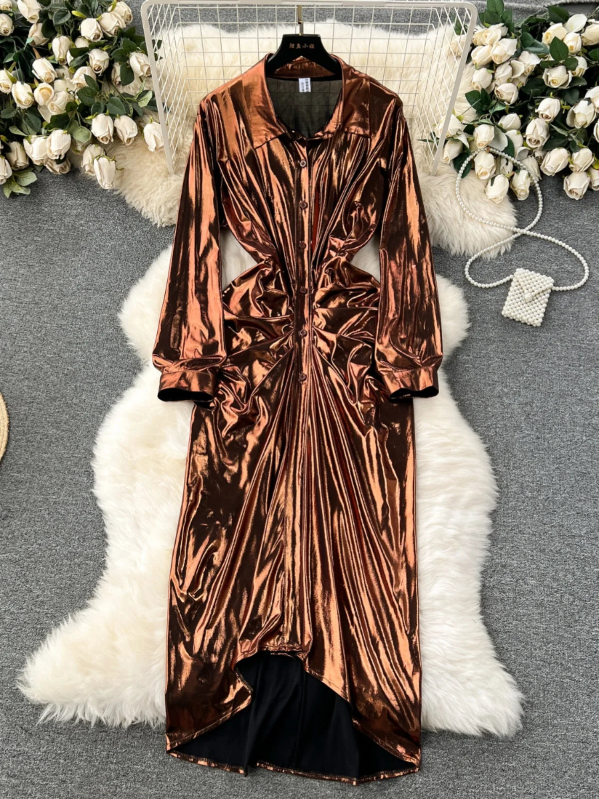 Luxurious Gold-tone Buttoned Satin Shirt Dress For Women on Luulla