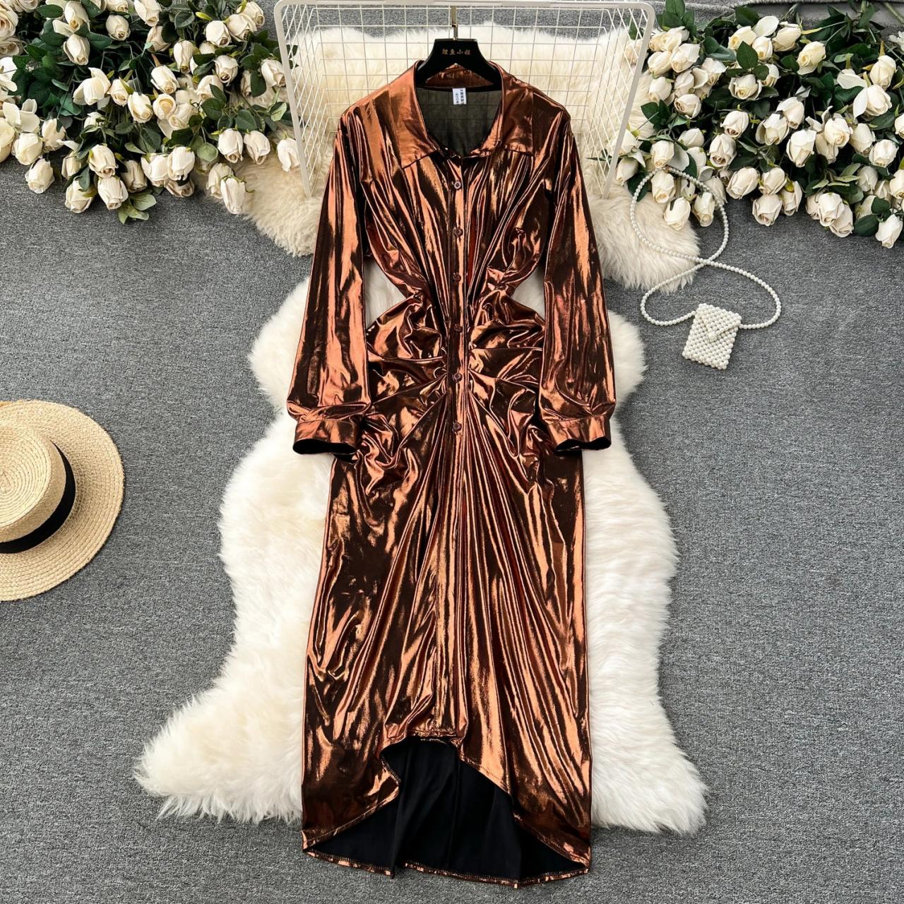 Gold Satin Shirt Dress Flowing viscose satin shirt with crinkle effect.  wide, short waist mod  Transit