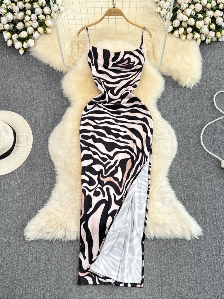 Elegant Sleeveless Zebra Print Midi Cocktail Dress