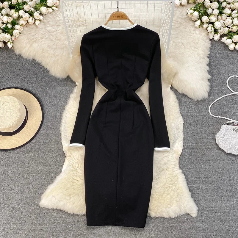 black dress white piping Day with  Vintage Couture 31% viscose SEDA FDAN BOUTIQUE Ribbed Slit