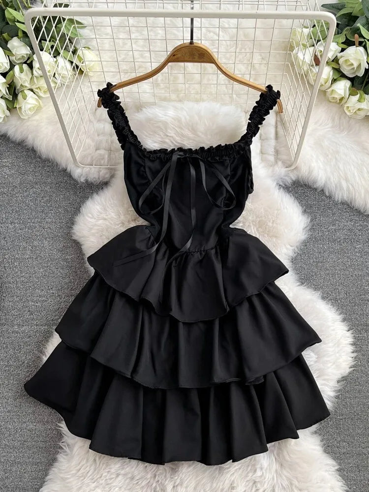 Elegant Sleeveless Ruffled Black Mini Dress For Women