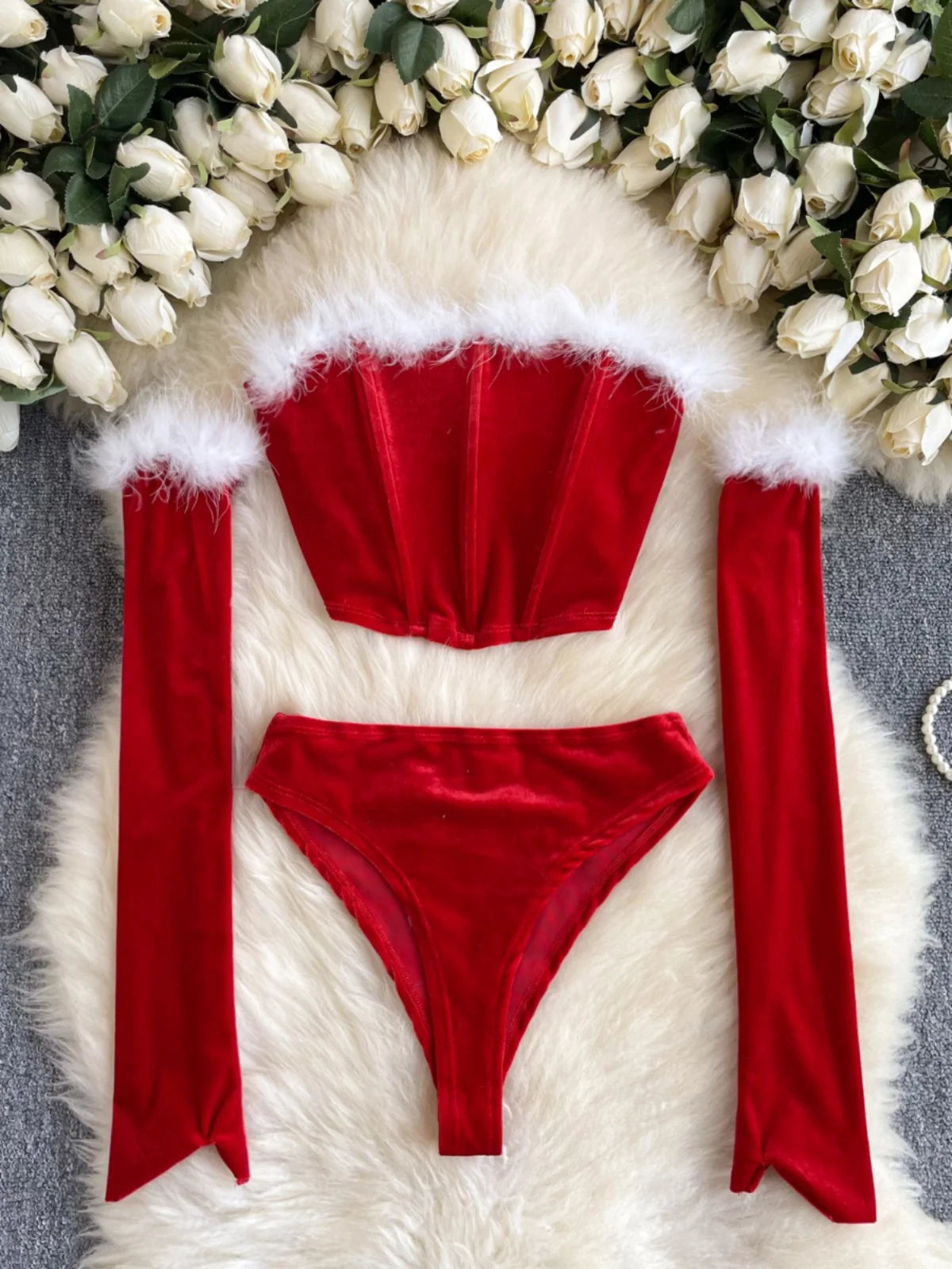 Foamlina Sexy Erotic Three Pieces Sets Women Fashon Faux Fur Trimed Strapless Crop Tube Top Panties And Sleeves Matching Suits