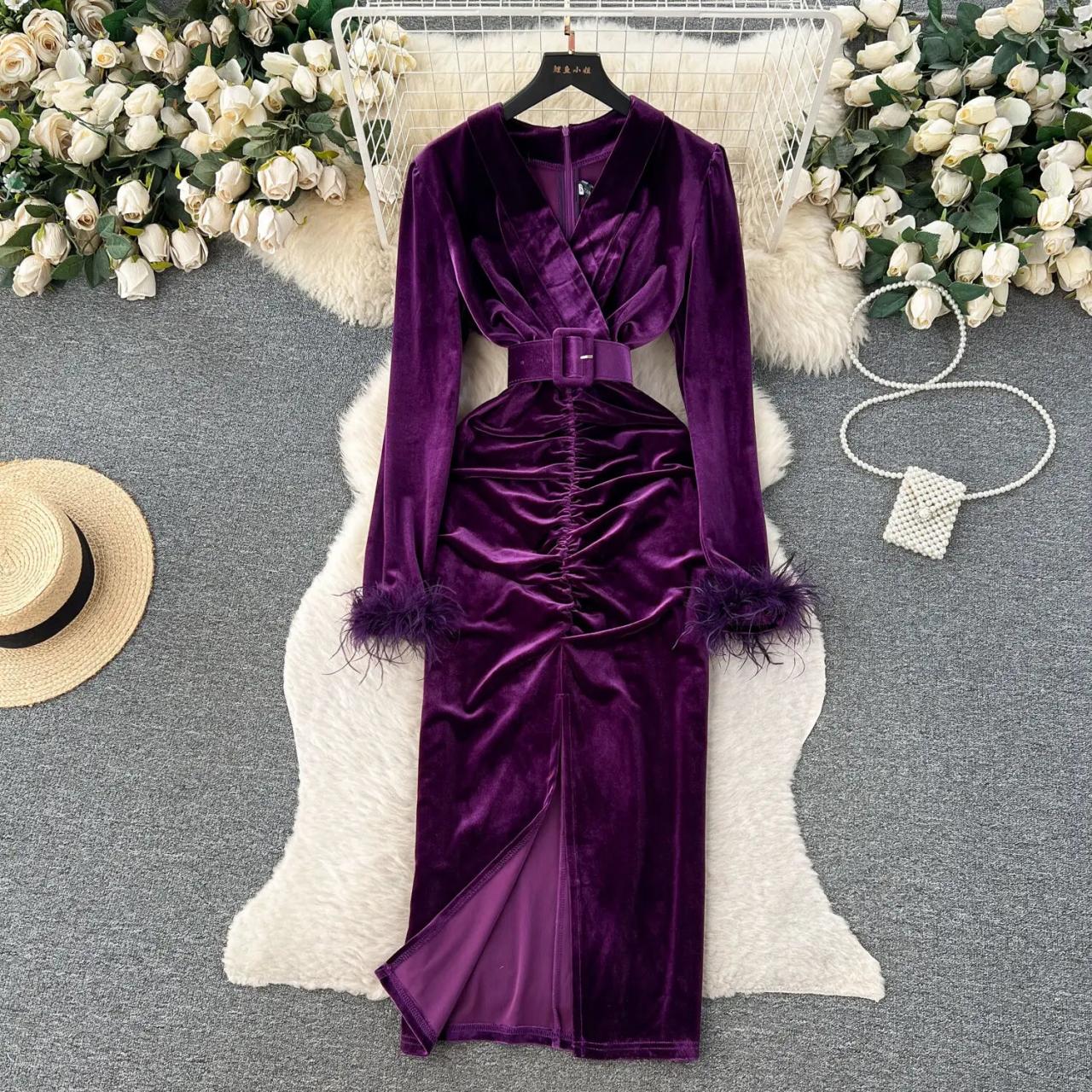 Luxurious Velvet Long Dress With Fur Trim Sleeves