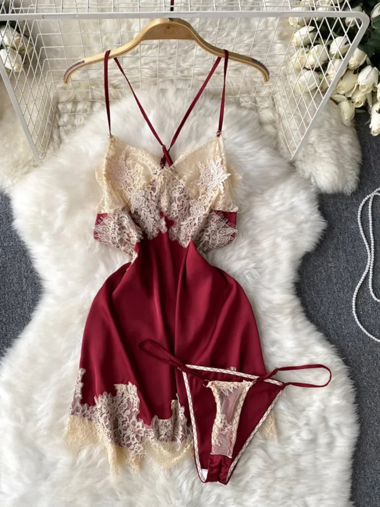 Elegant Burgundy Lace Trim Satin Cami Lingerie Set