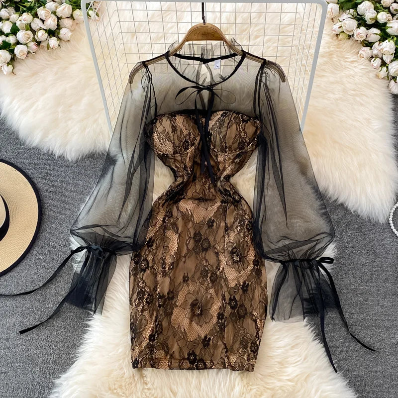 Elegant Sheer Sleeve Black Lace Cocktail Dress