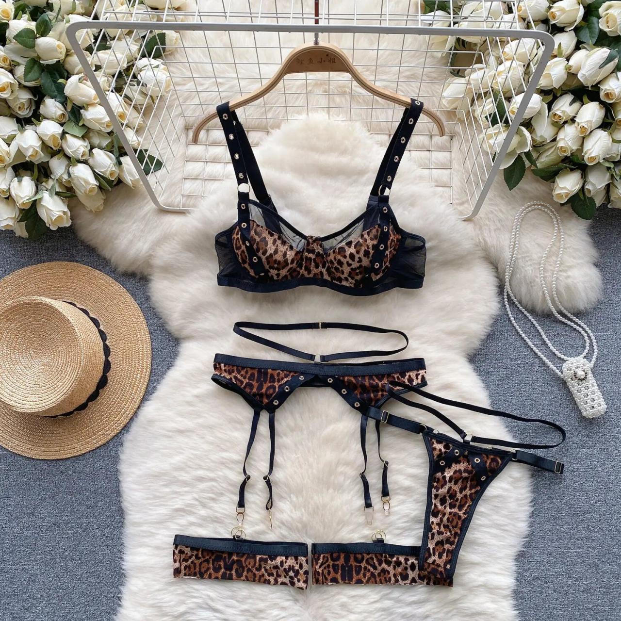 animal print garter belt Leopard Print Lingerie Set With Garter Belt And Stockings on Luulla