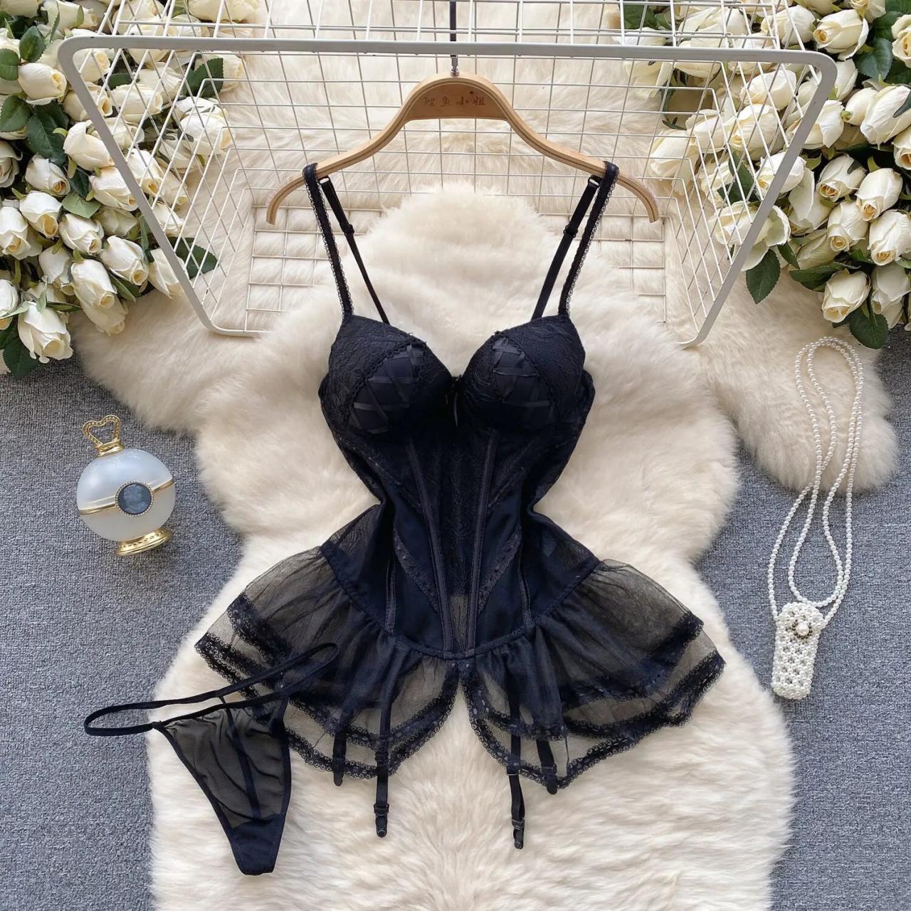 Black Lace Corset-style Bodysuit With Tulle Detail on Luulla