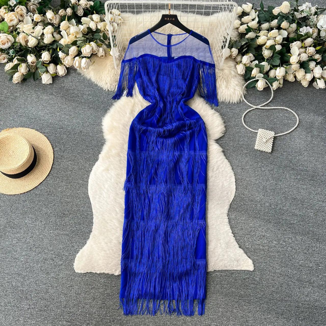 Elegant Royal Blue Tassel Evening Gown With Sheer Overlay
