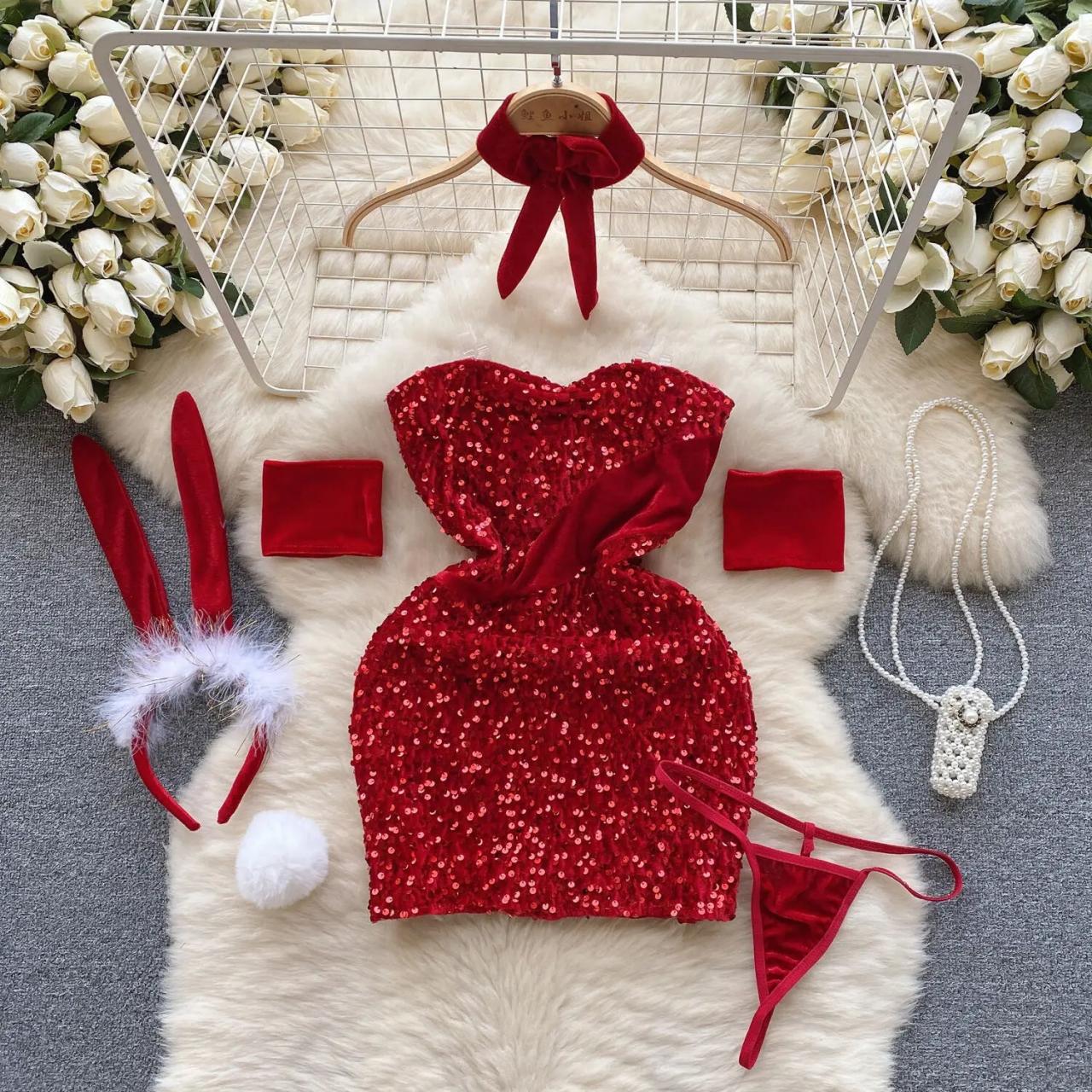 Sequined Red Halter Dress With Bunny Ears Accessory Set on Luulla