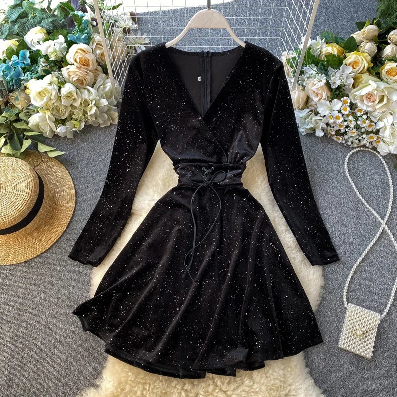 Elegant Long-sleeve V-neck Black Glitter Skater Dress