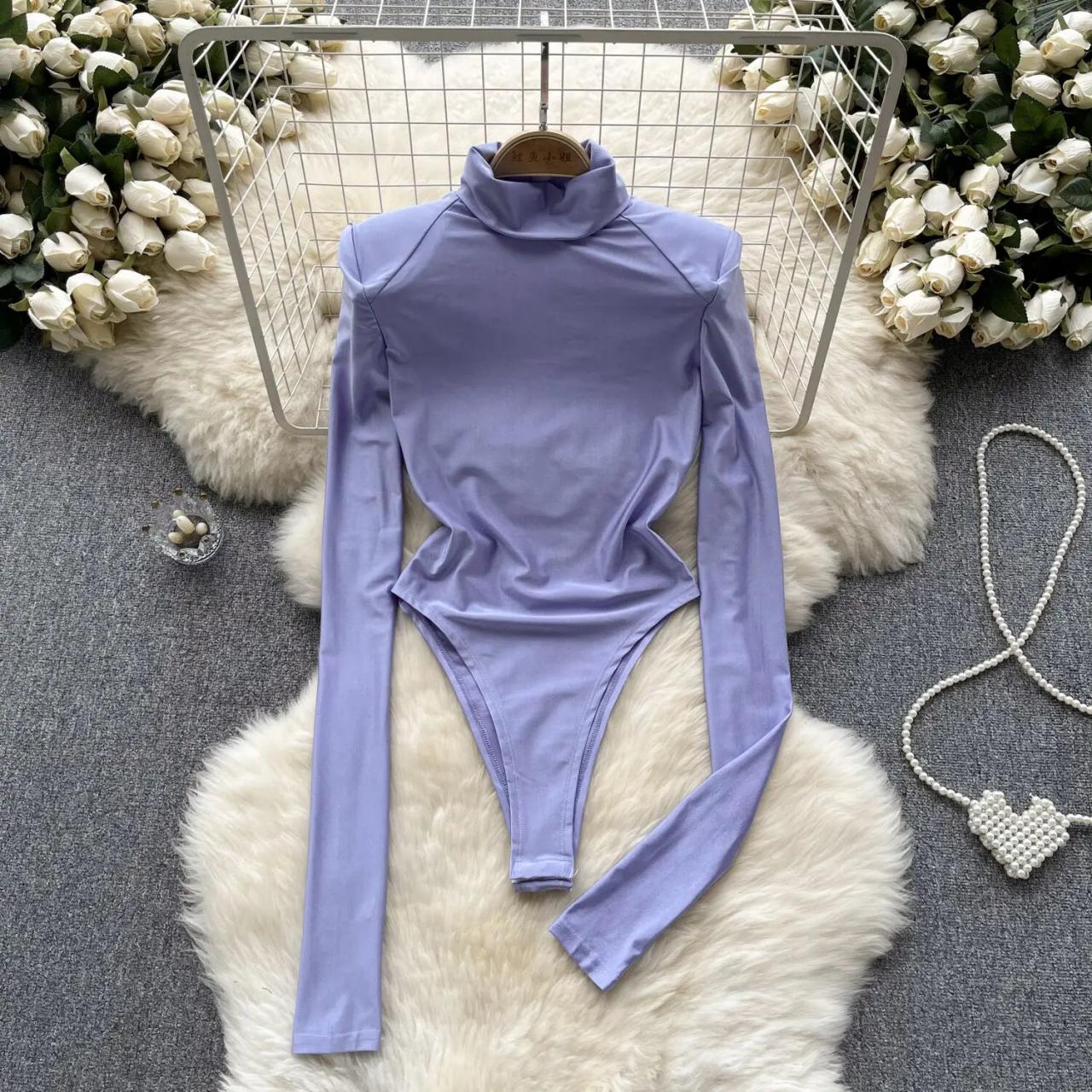 Womens Lilac Turtleneck Long-sleeve Bodysuit Fashion Apparel