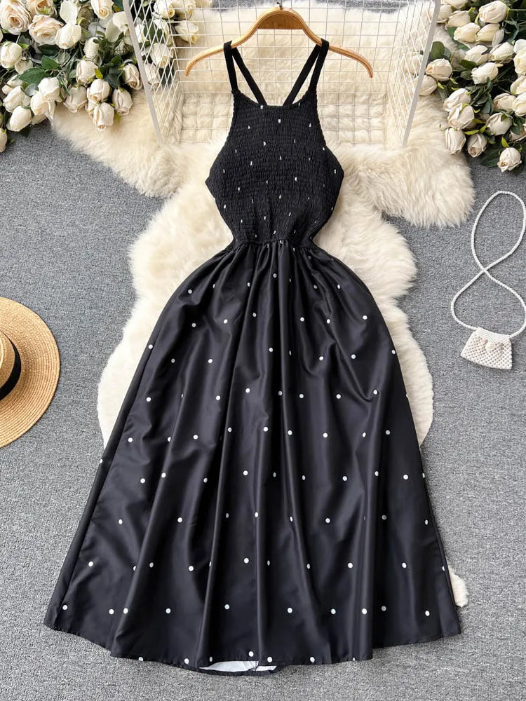 Elegant Black Polka Dot Sleeveless Summer Midi Dress on Luulla