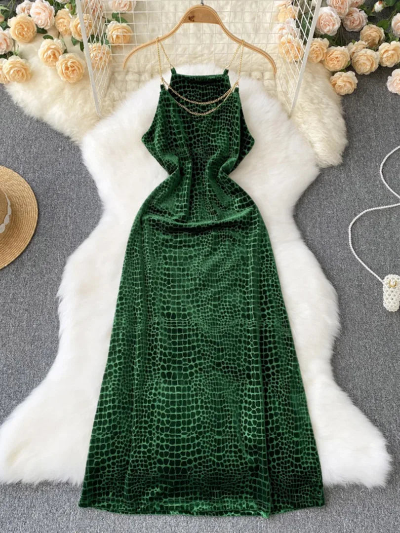 Elegant Green Crocodile Print Halter Neck Maxi Dress