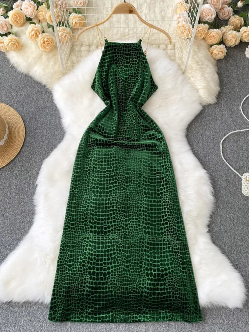 Elegant Green Crocodile Print Halter Neck Maxi Dress on Luulla