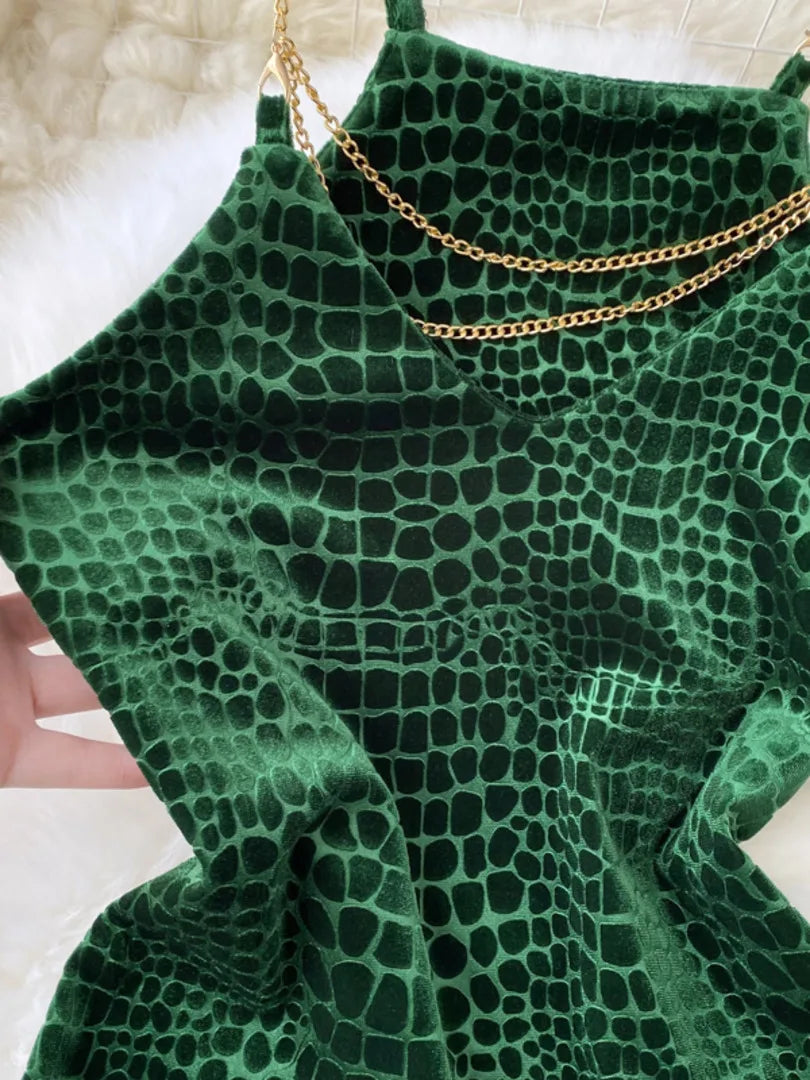 Elegant Green Crocodile Print Halter Neck Maxi Dress on Luulla