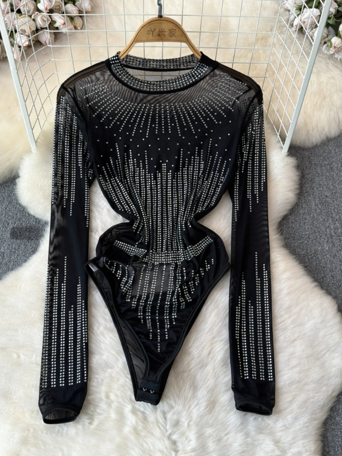 Black Rhinestone Studded Mesh Bodysuit For Women on Luulla
