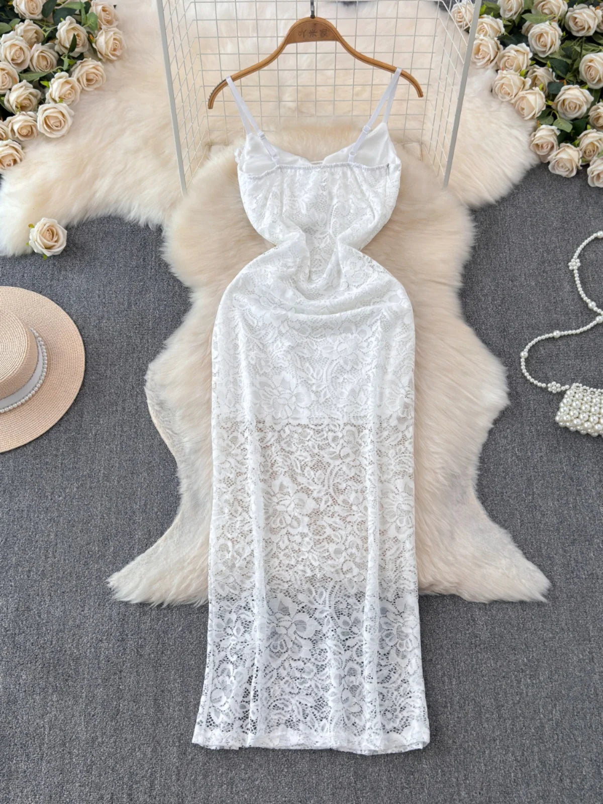 Elegant White Lace Spaghetti Strap Maxi Dress