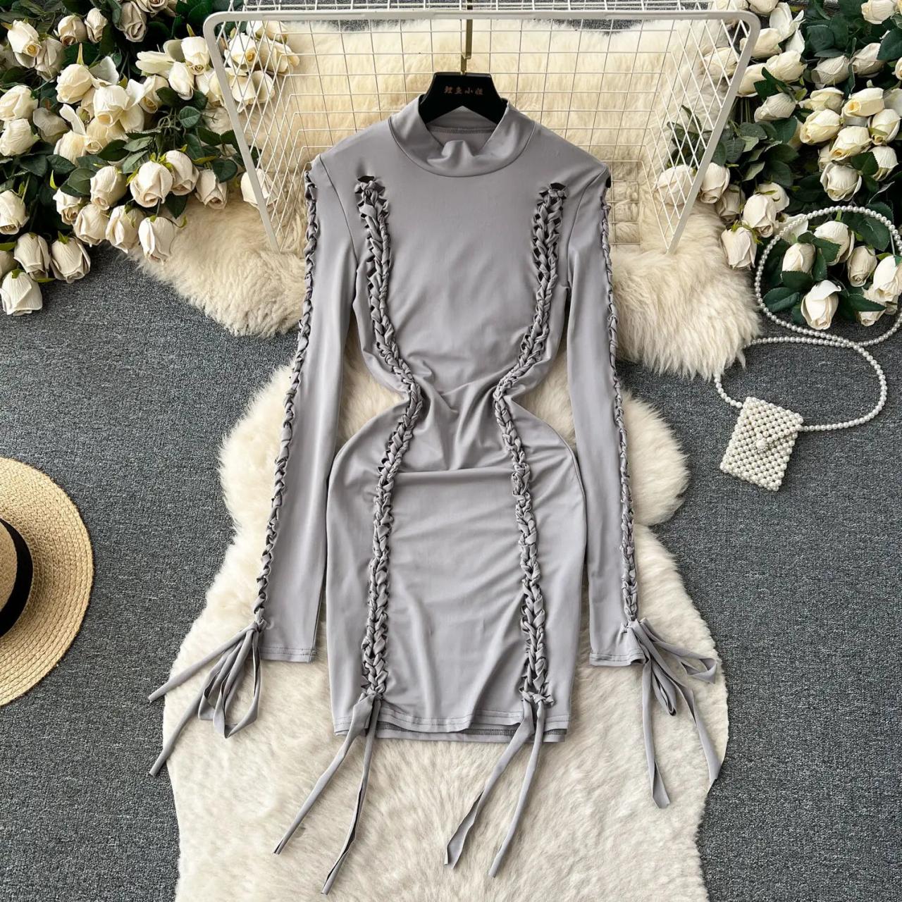 Womens Long-sleeve Braided Detail Bodycon Dress Gray