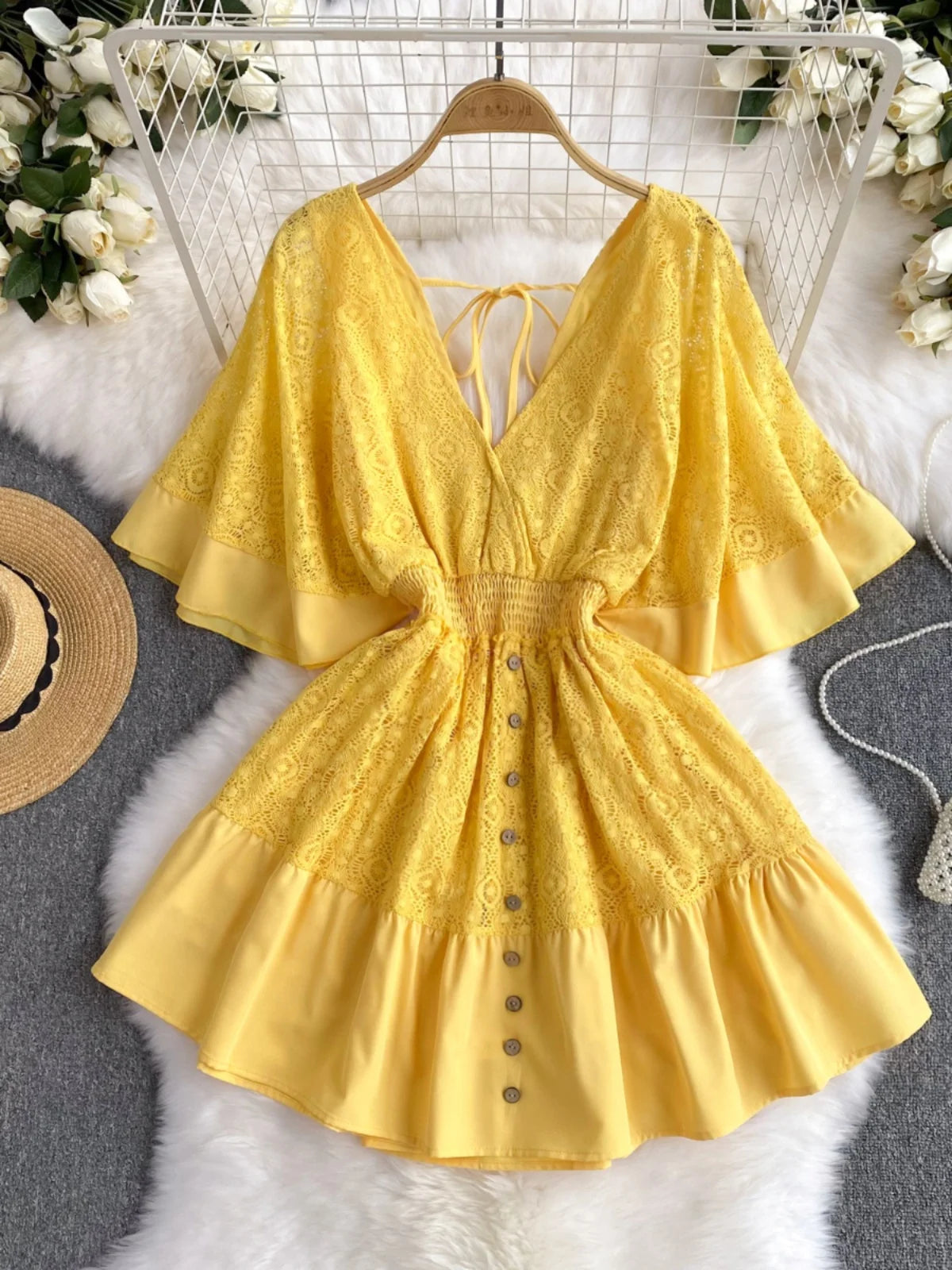 Yellow lace romper dress top