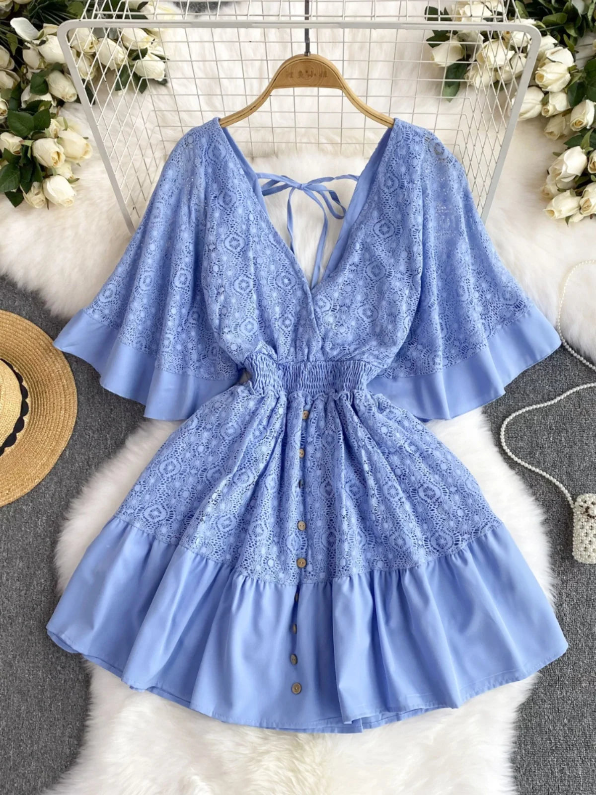 Womens Yellow Lace V-neck Short Sleeve Romper Dress on Luulla