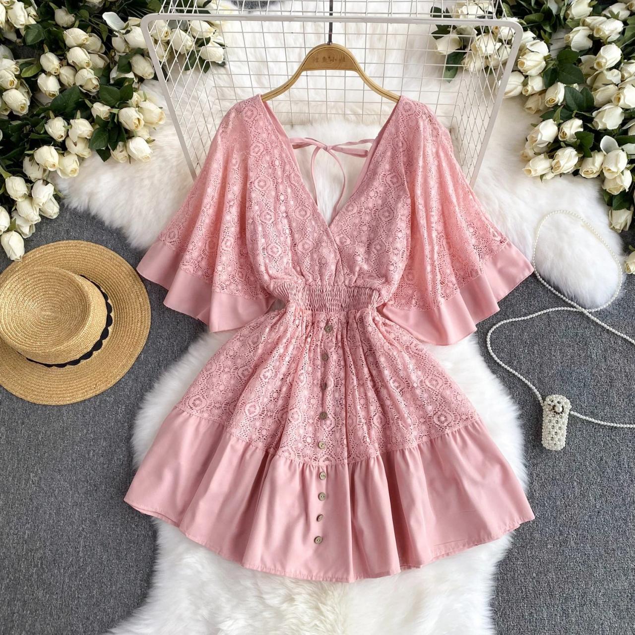 Womens Yellow Lace V-neck Short Sleeve Romper Dress on Luulla