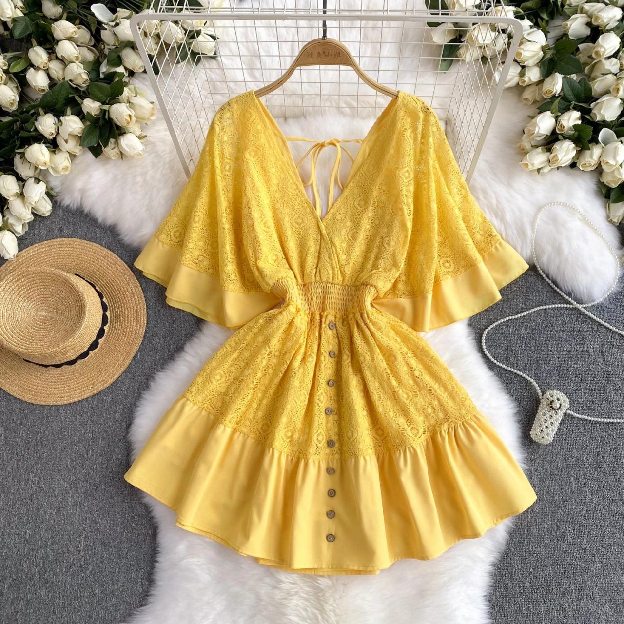 Womens Yellow Lace V-neck Short Sleeve Romper Dress on Luulla