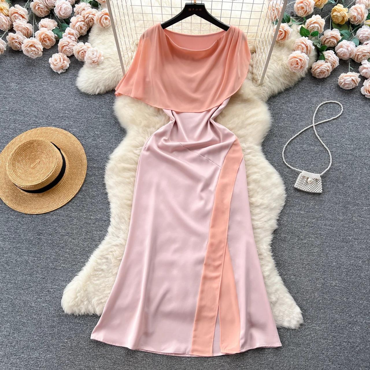 Elegant Boat Neck Satin Midi Dress With Belt