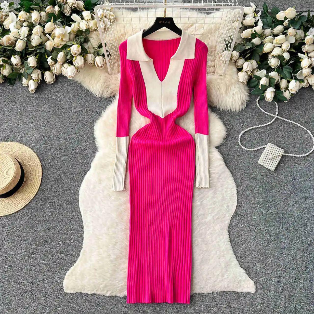 Elegant Contrast Collar Pink Ribbed Knit Midi Dress on Luulla