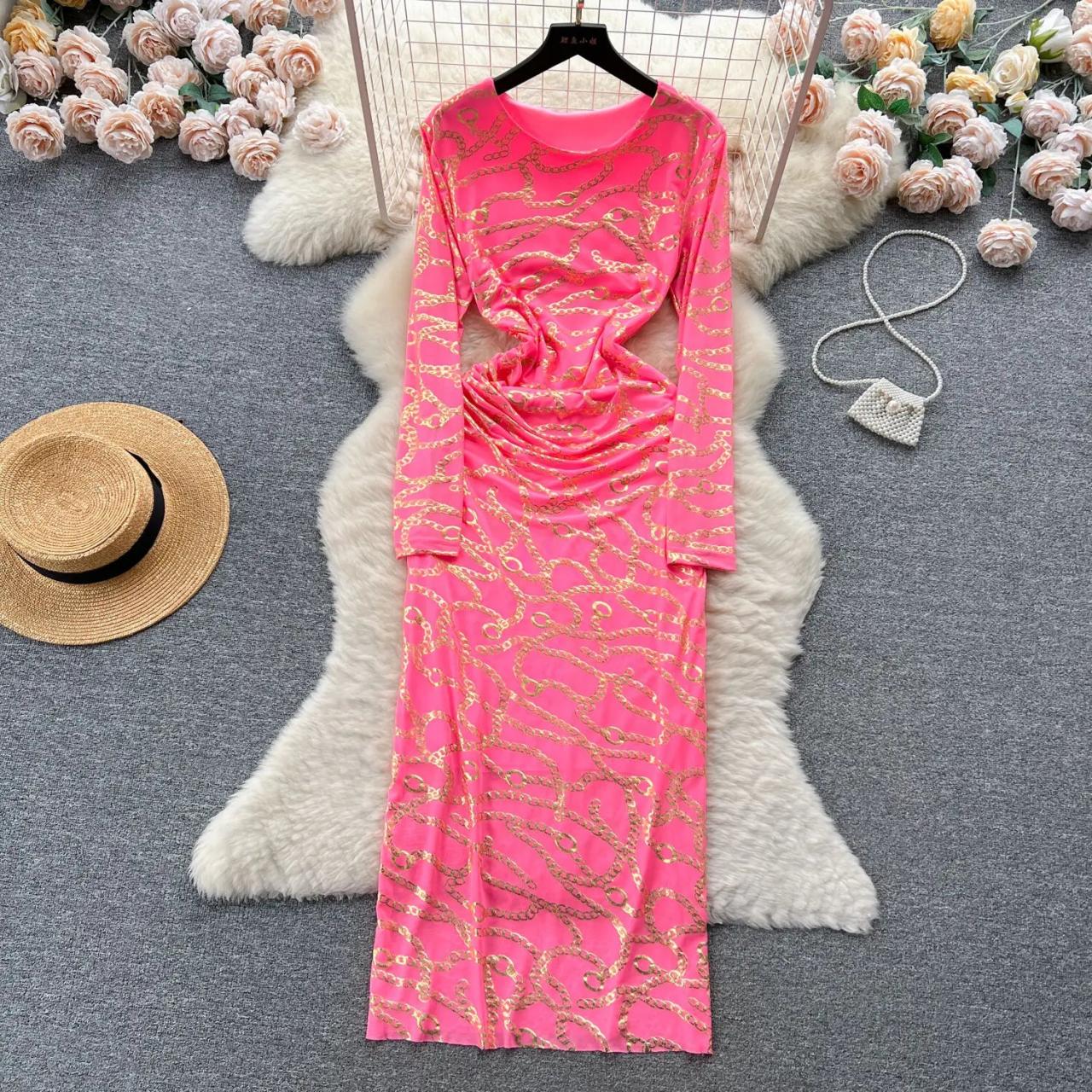 Elegant Pink Chain Print Long Sleeve Bodycon Dress