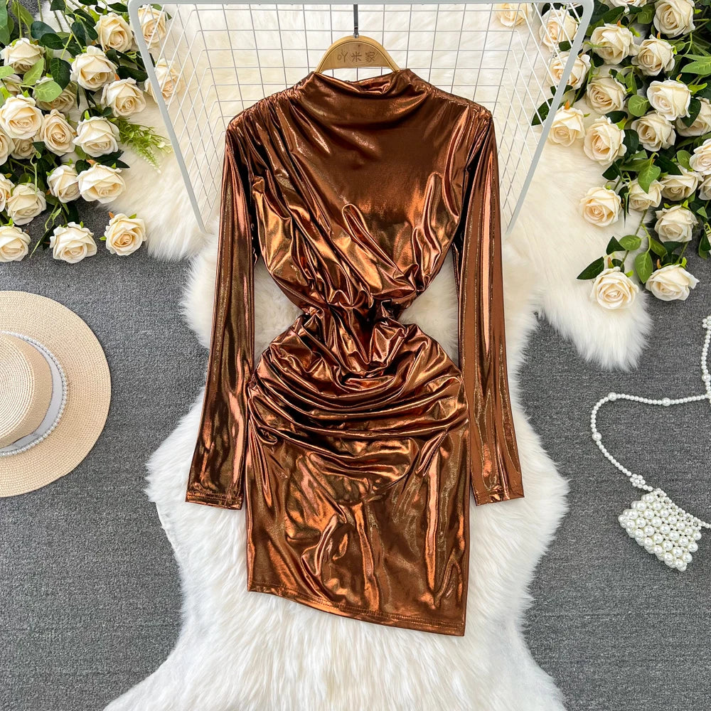 Elegant Long Sleeve Satin Wrap Dress In Rose Gold on Luulla
