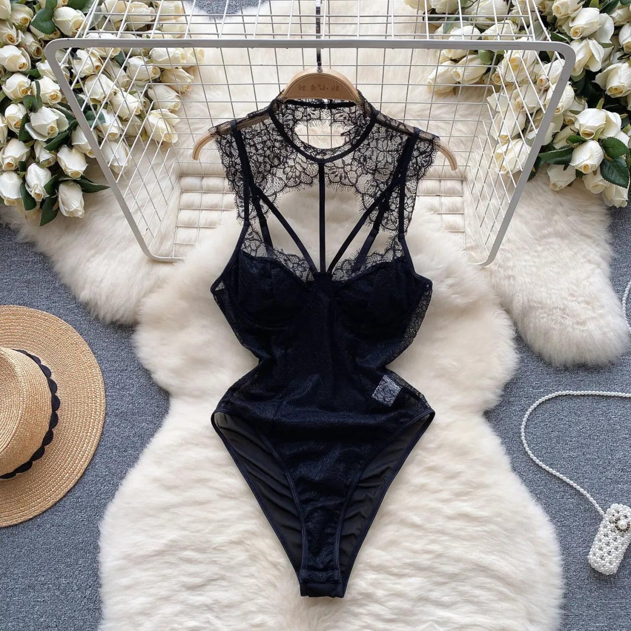 Elegant Black Lace Bodysuit With Sheer Panels on Luulla