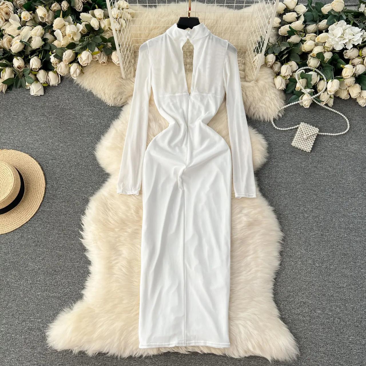 Elegant Cut-Out Long Sleeve White Satin Dress