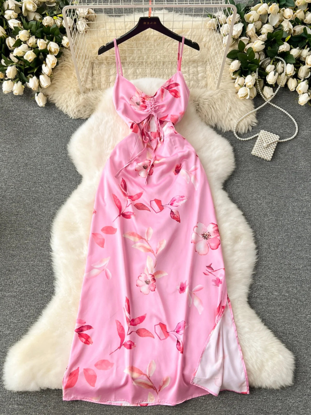 Elegant Floral Satin Slip Dress With Bow Detail on Luulla 
