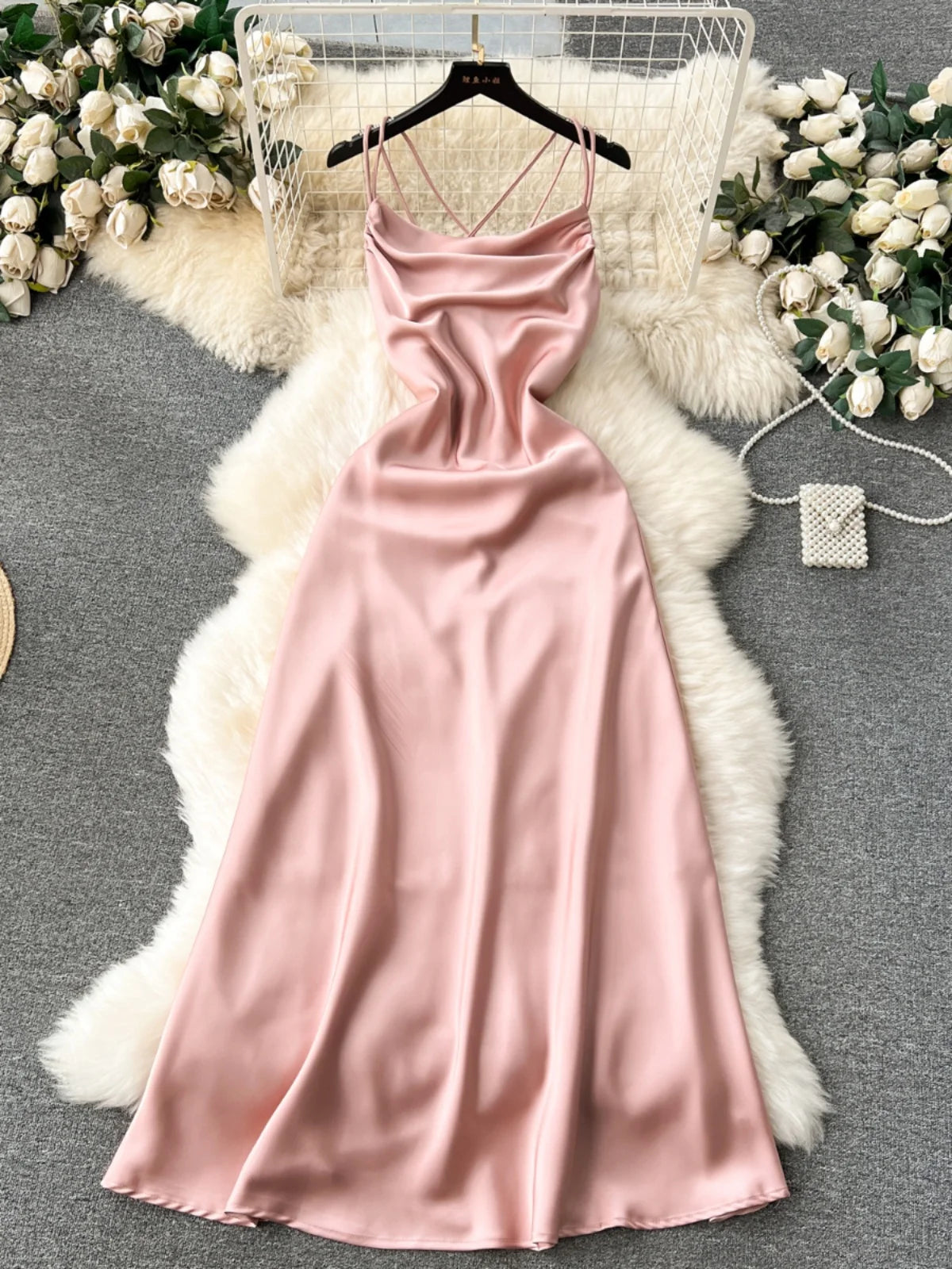 Elegant Satin Cowl Neck Slip Maxi Dress Pink on Luulla