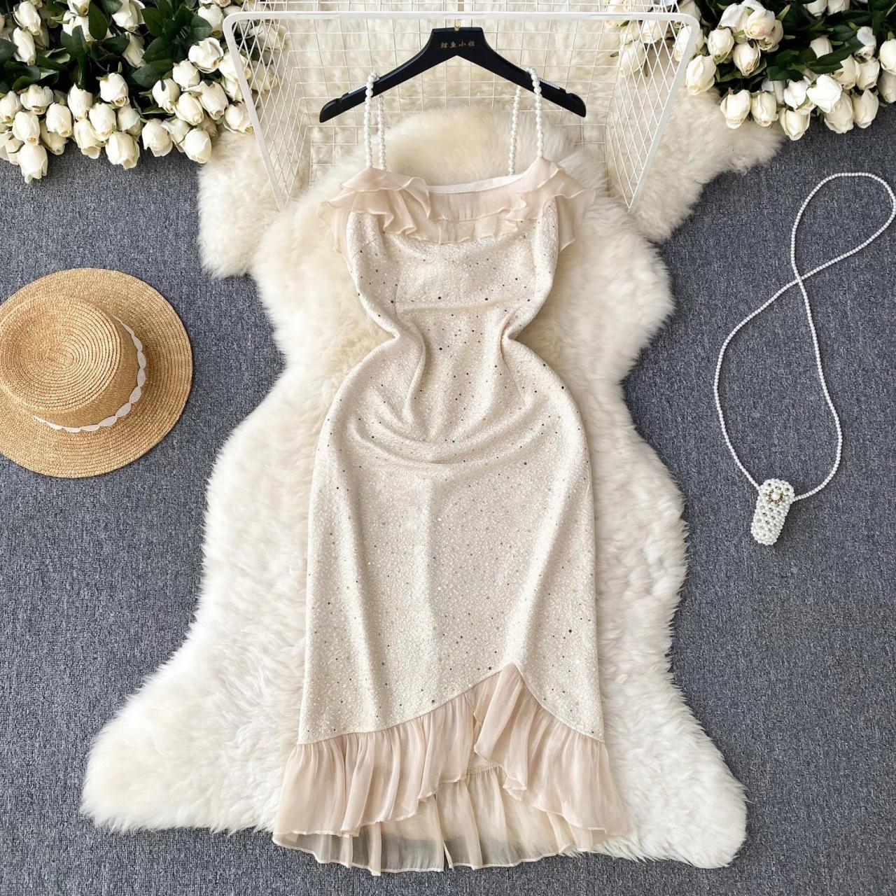 Elegant Sparkle Glitter Summer Dress With Ruffle Hem