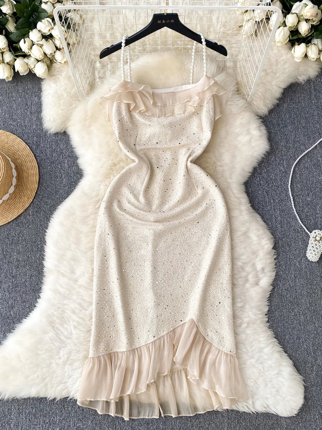 Elegant Sparkle Glitter Summer Dress With Ruffle Hem