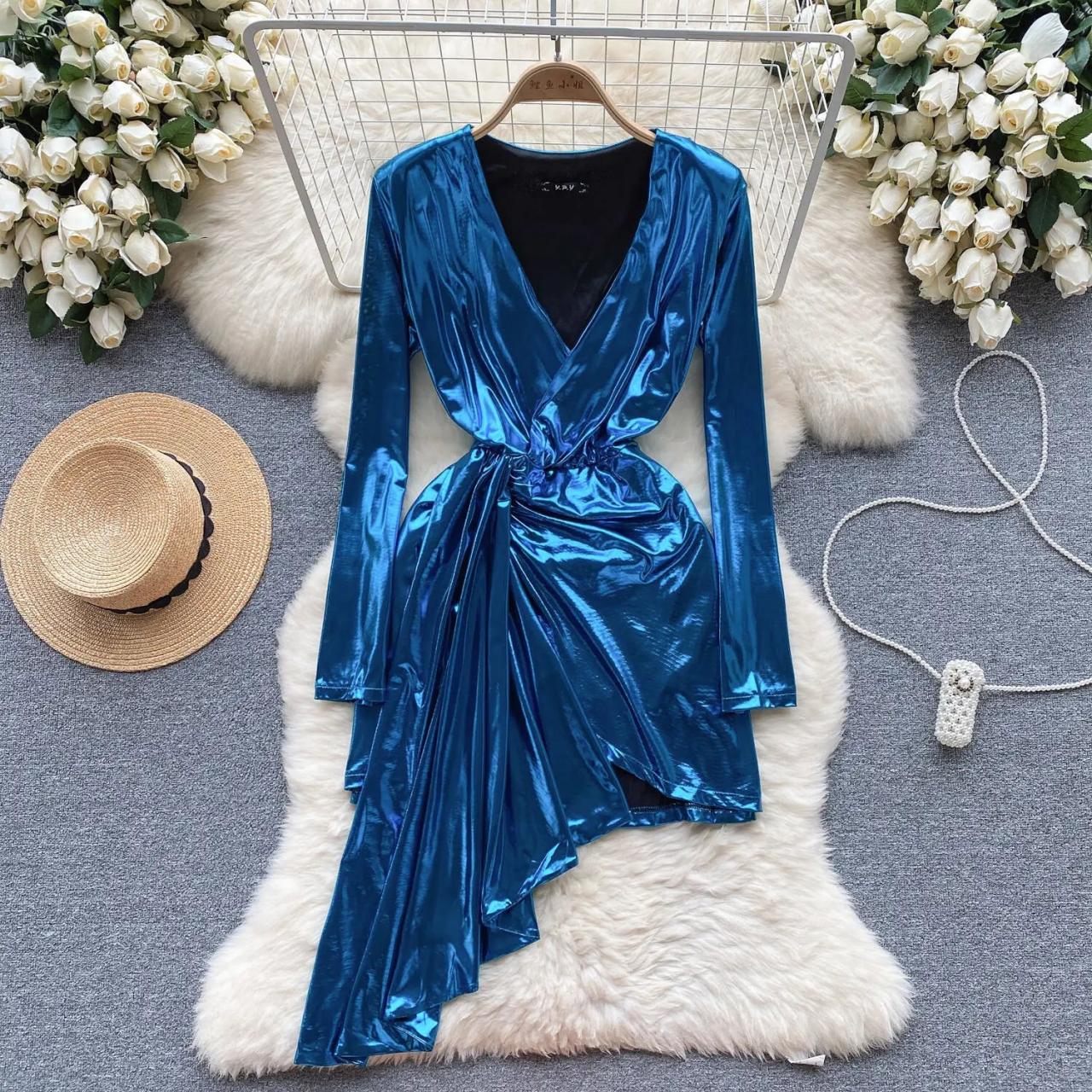 Elegant Deep V-neck Satin Wrap Dress In Blue