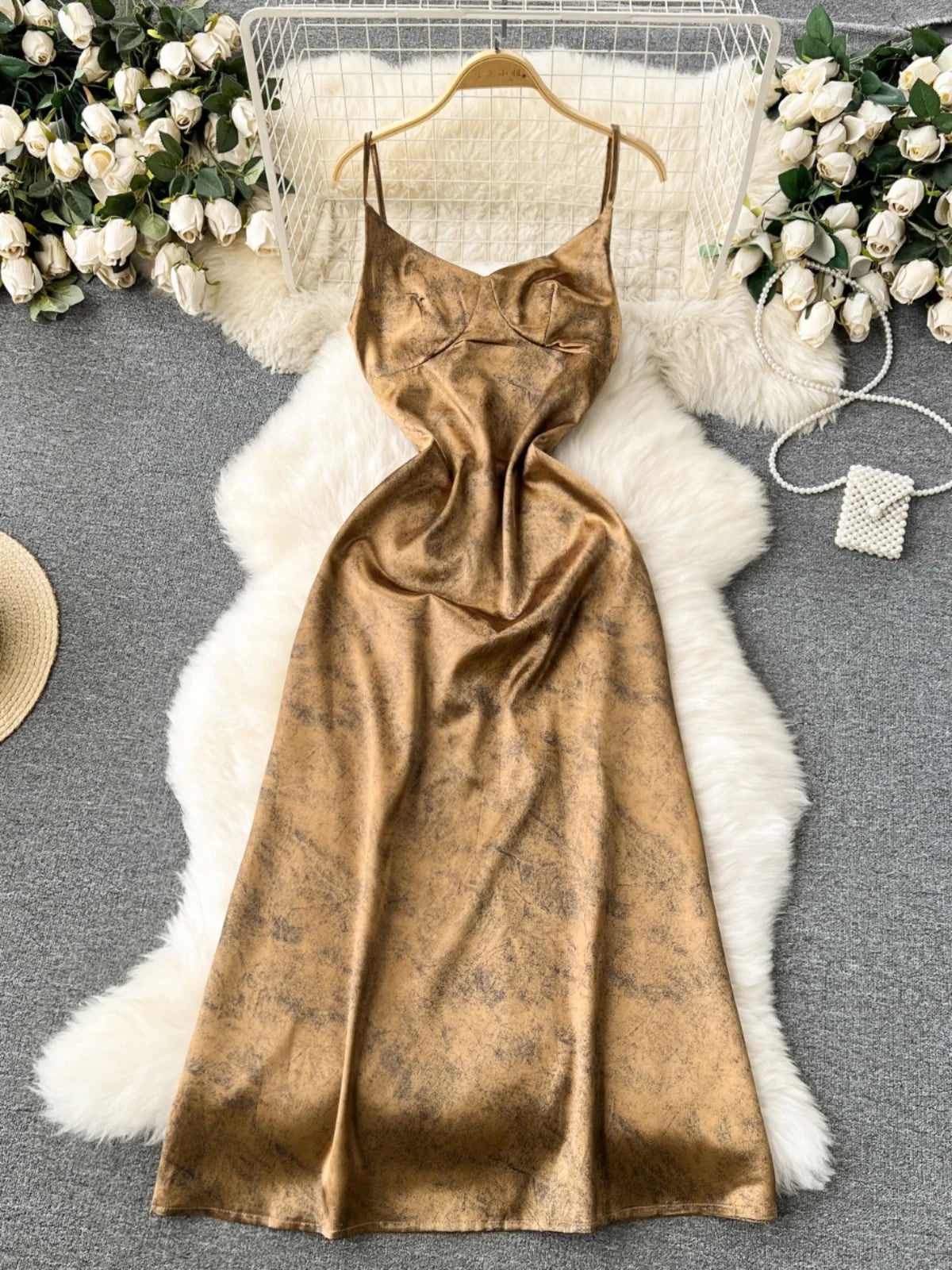 green emerald velvet dress Gold Satin Cowl Neck Midi Dress by Chloe Lewis main image 1