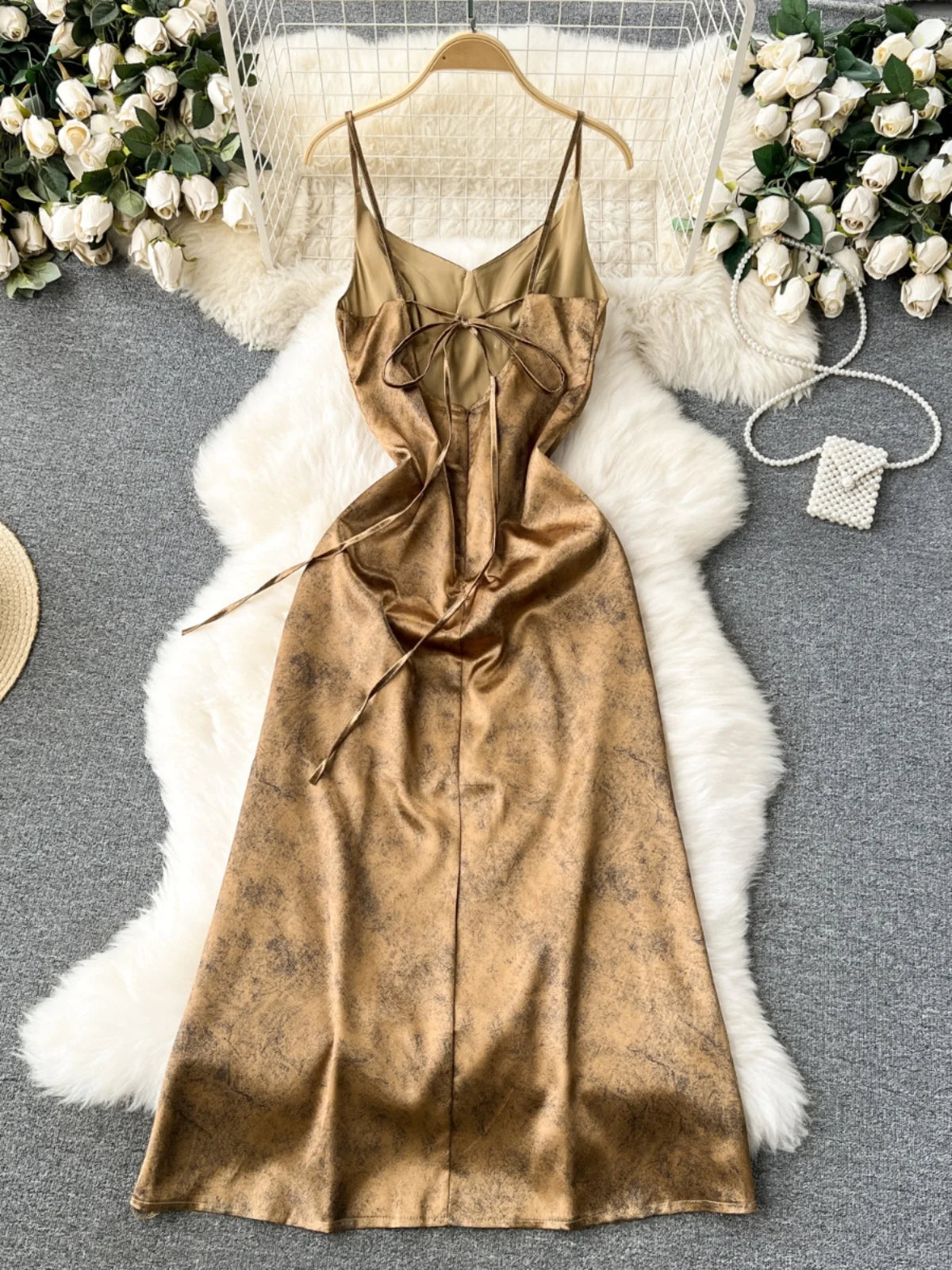 Womens Elegant Satin Cowl Neck Slip Dress Gold