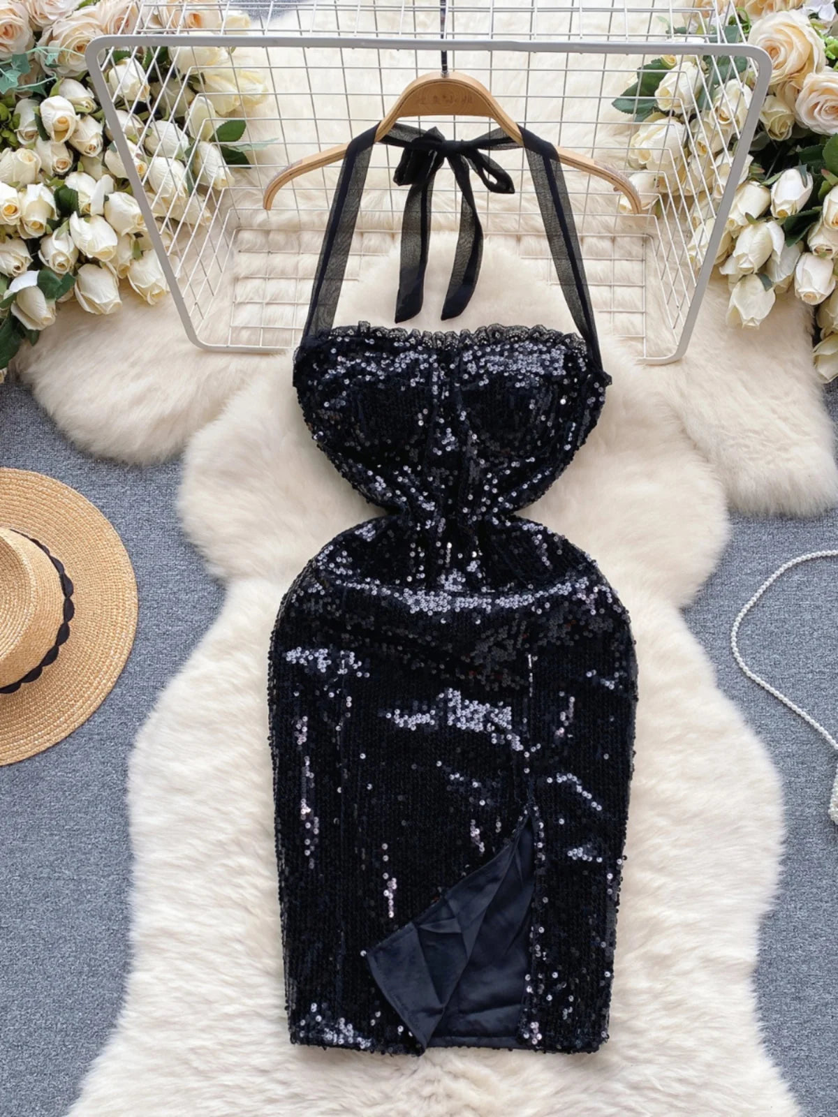 slim fit dress slacks Black Sequin Halter Dress with Tie – Ninethirteen main image 1