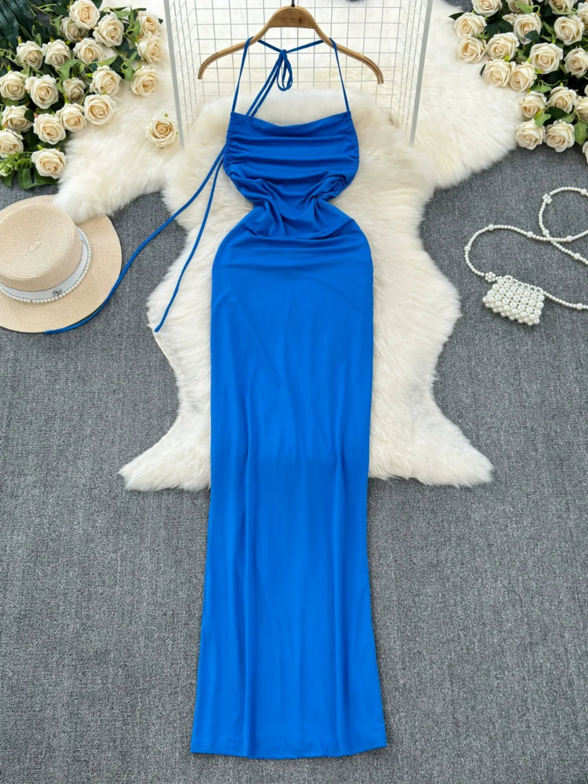 Elegant Royal Blue Halter Neck Maxi Evening Dress on Luulla